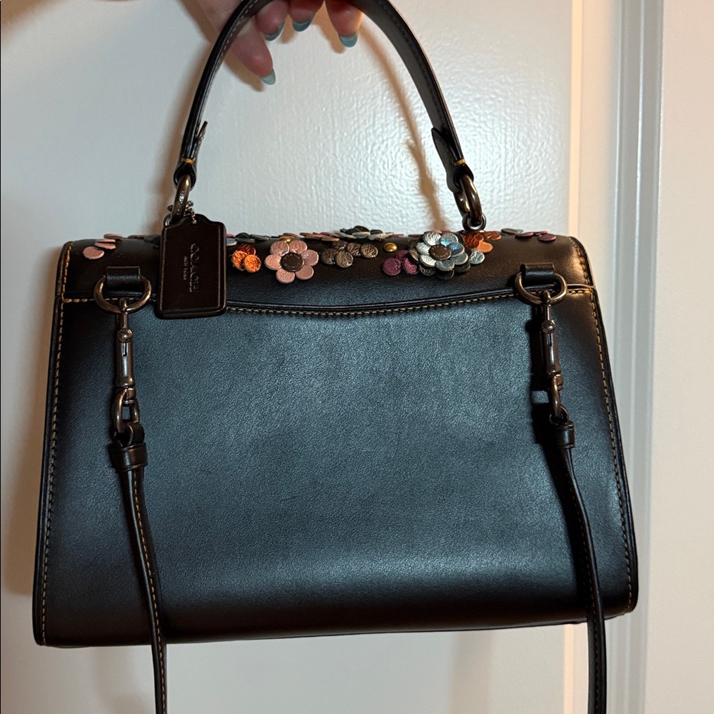 Coach Black Leather Satchel with Multicolor Floral Appliqués - Picture 3 of 4